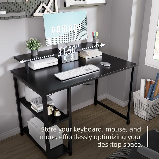Pamray 33.5 Inch Small Computer Desk with Monitor Stand and Shelves | Sturdy, Space-Saving, Easy Assembly, Suitable for Bedroom, Office, Apartment and Dorm, Used for Writing and Studying