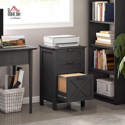 HOMCOM 3 Drawer File Cabinet with Silent Slides, Vertical Filing Cabinet for Hanging A4/Letter Size, Rustic Farmhouse Printer Stand with Storage for Home Office, Distressed Black