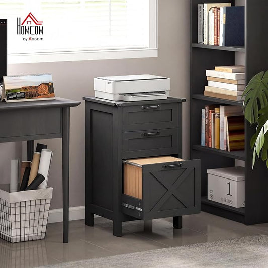 HOMCOM 3 Drawer File Cabinet with Silent Slides, Vertical Filing Cabinet for Hanging A4/Letter Size, Rustic Farmhouse Printer Stand with Storage for Home Office, Distressed Black