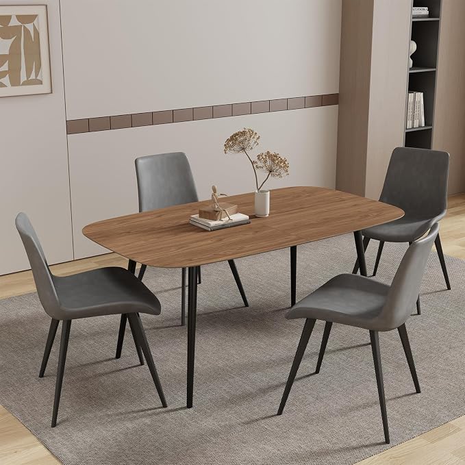 HIPIHOM 55.1'' Dining Table Set for 4,Modern Wood Dining Table,Leather Dining Chairs 4,Table and Chairs Set of 4,Ideal for Kitchen Dining Room (Walnut Color Table + 4 Grey Chairs)