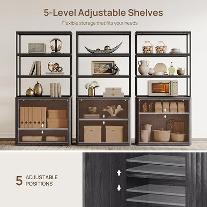 SICOTAS Book Shelf Fluted Bookshelf 71" Tall Bookcase with Doors Storage 5 Tier Mid Century Modern Bookshelves Large Shelves Metal Book Cases for Living Room Office Kitchen Library