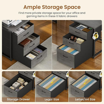 SEDETA L Shaped Gaming Desk with Drawers, Reversible Computer Corner Desk with File Drawer, Hutch, Storage Shelves for Home Office, Gaming Two Person Desk with Led Lights, Power Outlet, Grey