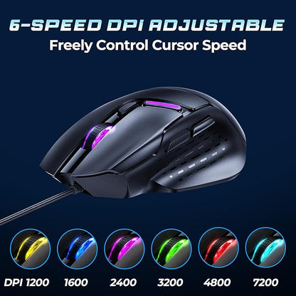 Uineer Ergonomic Wired Gaming Mouse, RGB Programmable Mouse with 6 Macro Buttons, 7200 DPI Adjustable, Silent Click USB-A Computer Mouse for PC Gamer, Windows, Mac, Laptop