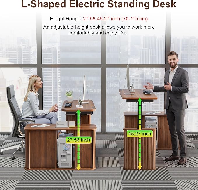 L Shaped Standing Desk with Storage, 47" Electric Desk Height Adjustable Executive Desk with Drawers, Sliding Door Wood Desk Office Sit Stand up Desk for Work, Study, Writing, Walnut