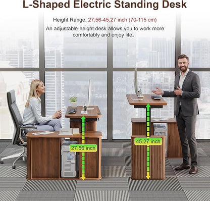 L Shaped Standing Desk with Storage, 47" Electric Desk Height Adjustable Executive Desk with Drawers, Sliding Door Wood Desk Office Sit Stand up Desk for Work, Study, Writing, Walnut