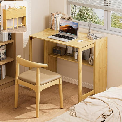 Bamboo Folding Desk for Small Spaces, Mid Century Small Computer Foldable Desk for Bedroom Home Office, Space Saving Sofa Table for Couch, Writing Work Office Desk,Natural