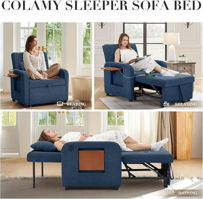 Convertible Sleeper Chair-Fabric Futon Sofa Bed, Single Sleeper Sofa, Small Couch Bed with USB Port, Foldable Table, Pillow, Adjustable Backrest for Dorm/Bedroom/College Blue