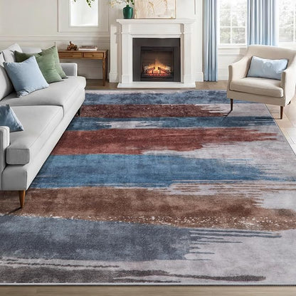 Ciicool Modern Abstract Blue Brown Rug for Living Room, 6'x9' Machine Washable Area Rug Non-Slip Rug, Low-Pile Contemporary Indoor Dining Floor Carpet for Bedroom Office Under Table Home Decor