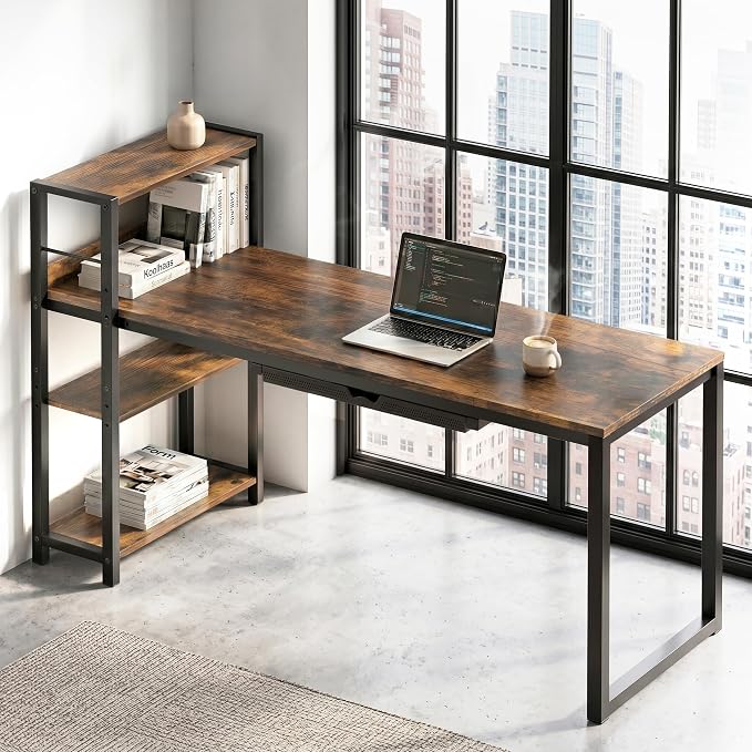 SHW 46-Inch Home Office Mission Computer Desk with Side Shelf and Drawer, Rustic Brown