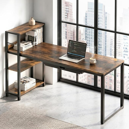 SHW 46-Inch Home Office Mission Computer Desk with Side Shelf and Drawer, Rustic Brown