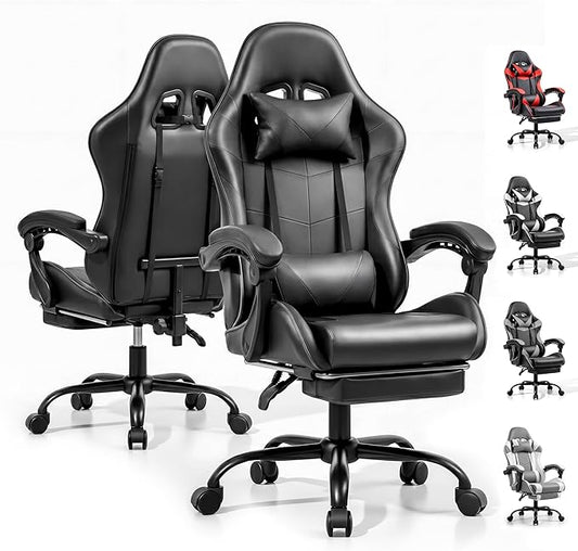 Gaming Chair, Ergonomic Computer Chair with Footrest and Lumbar Support, Height Adjustable Office Chair with 360° Swivel Seat and Headrest (Black)