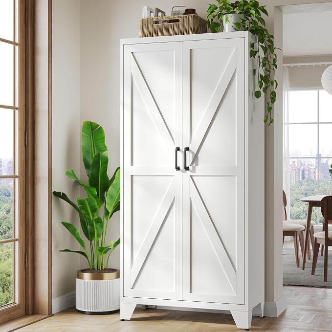 Metal White Storage Cabinet with 2 Doors and 4 Adjustable Shelves,72" Tall Kitchen Pantry cabinets,Farmhouse Food Pantry Cabinet,5 Tier Freestanding Barn Door Cupboard for Kitchen Dining/Living Room