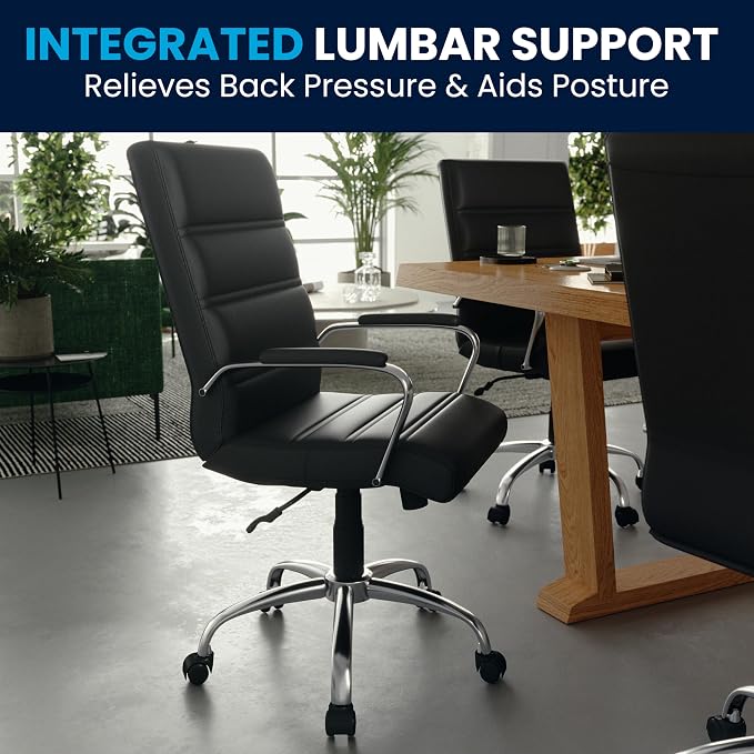 Flash Furniture Whitney Mid-Back Swivel LeatherSoft Desk Chair with Padded Seat and Armrests, Adjustable Height Padded Office Chair, Black