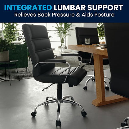 Flash Furniture Whitney Mid-Back Swivel LeatherSoft Desk Chair with Padded Seat and Armrests, Adjustable Height Padded Office Chair, Black