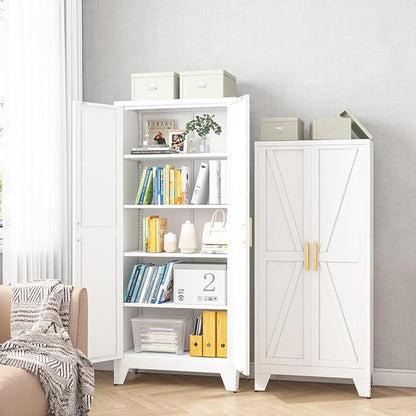 Baborokic 61H Metal Storage Cabinet with 2 Doors and Adjustable Shelves,Farmhouse Storage Cabinet with Barn Doors,Pantry Storage for Home,Office,Bathroom,Dining Room,Kitchen(White)