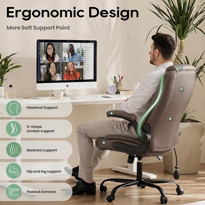 MALOL Leather Office Chair, Computer Desk Chair with Adjustable Lumbar Support, Thick Cushion, Flip-Up Arms and Ergonomic Back, Comfy Executive Office Chair for Home Office Gaming,Brown