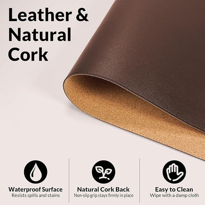 AFIING Leather Desk pad Protector, 35.4" x 17", Coffee,Desk mat | Dual-Sided Cork & PU Leather, Waterproof, Non-Slip, For Office & Gaming