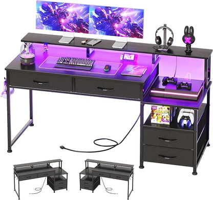 MUTUN 53" Computer Desk with 4 Drawers & Power Outlets, Reversible Home Office Desk with Monitor Stand & Printer Stand, Gaming Desk with Led Lights, Study Writing Work Desk Table for Bedroom (Black)