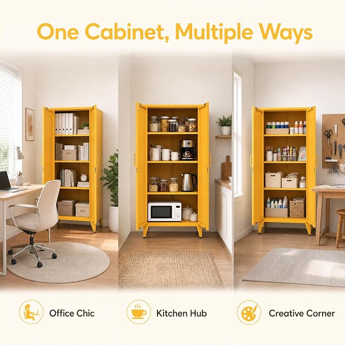 61" Metal Pantry Cabinet with Lock and 3-Tier Adjustable Shelves, Freestanding Heavy Duty Storage Cabinet Locker for Kitchen, Home Office, Garage Yellow
