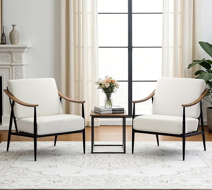 RNKSFX Modern Accent Chairs Set of 2 for Living Room Bedroom Mid Century Arm Chairs Upholstered Office Accent Chairs Comfy Waiting Room Chairs with Metal Frame, Cream White
