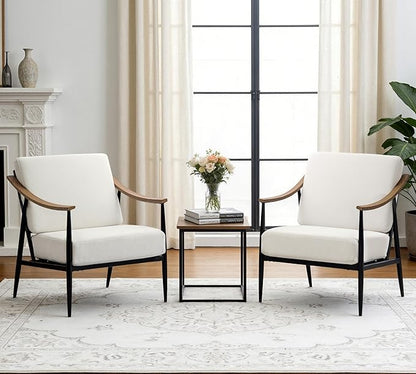 RNKSFX Modern Accent Chairs Set of 2 for Living Room Bedroom Mid Century Arm Chairs Upholstered Office Accent Chairs Comfy Waiting Room Chairs with Metal Frame, Cream White