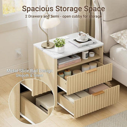 Fluted Nightstand, Night Stand Set 2, 23" Wide Nightstands Set of 2 with Charging Station & Faux Marble Top, 2 Drawer Large End Table w/Storage, Modern Bedside Table for Bedroom,Natural Oak