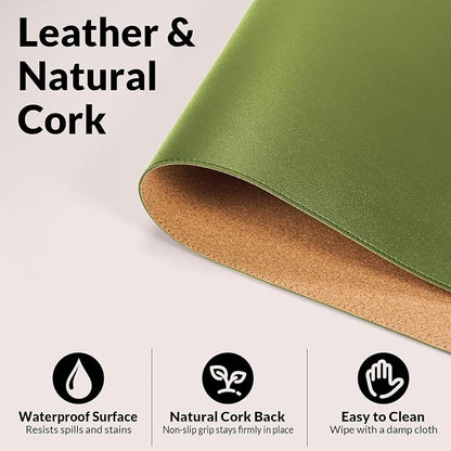 AFIING Cork Desk Mat, 35.4" x 17", Olive Green,Desk pad Protector | Dual-Sided Cork & PU Leather, Large Mouse Pad, Non-Slip & Waterproof