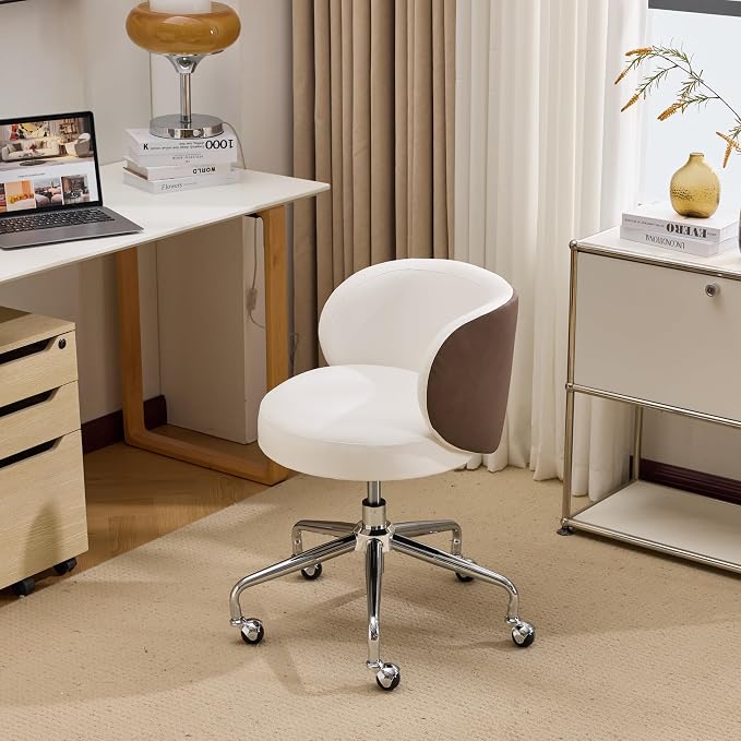 VINGLI Cute Small Swivel Desk Chair Comfy with Wheels,Ergonomic Low-Back Lumbar Support Vanity Nail Tech Rolling Task Stool Chair for Home Office,Height Adjustable,PU Leather White&Suede Khaki