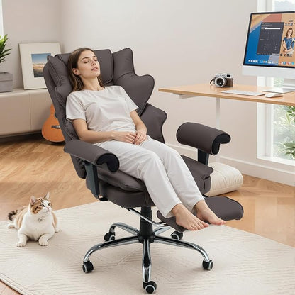 HOMREST Brown Ergonomic Office Chair | 6-Point Vibration Massage & Heat, Reclining Executive Chair, Adjustable Footrest and Armrests, PU Leather Big and Tall