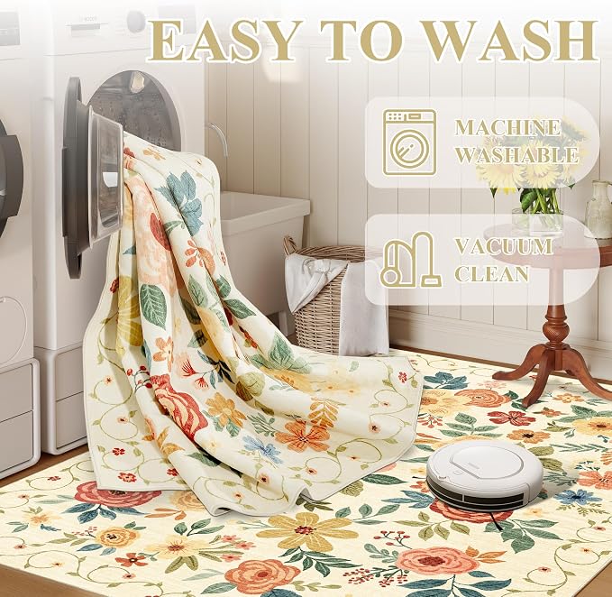 DUKINO 2x8 Runner Rug for Hallway, Washable Kitchen Runner Rug with Rubber Backing Non Slip, Low Pile Soft Boho Floral Thin Carpet for Entryway, Hallway, Bathroom, Laundry Room, Beige Yellow