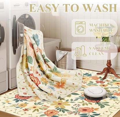 DUKINO 2x8 Runner Rug for Hallway, Washable Kitchen Runner Rug with Rubber Backing Non Slip, Low Pile Soft Boho Floral Thin Carpet for Entryway, Hallway, Bathroom, Laundry Room, Beige Yellow