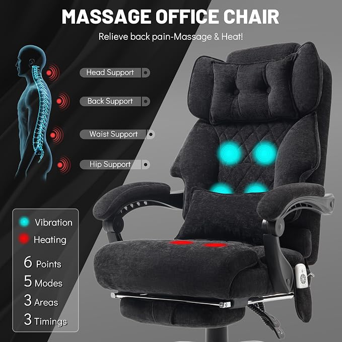 Massage Office Chair with Foot Rest,6 Points Vibration & Heat Executive Office Chairs,Ergonomic Fabric Desk Chair for Heavy People,Big and Tall Office Chair 500LBS,Recliner with Dual-Use Pillow,Black