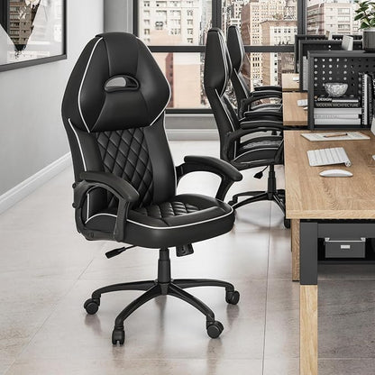 Techni Mobili PU Leather Executive Chair with Padded Armrests, Height Adjustable Racing Style Office Chair with Tilt Control, Black