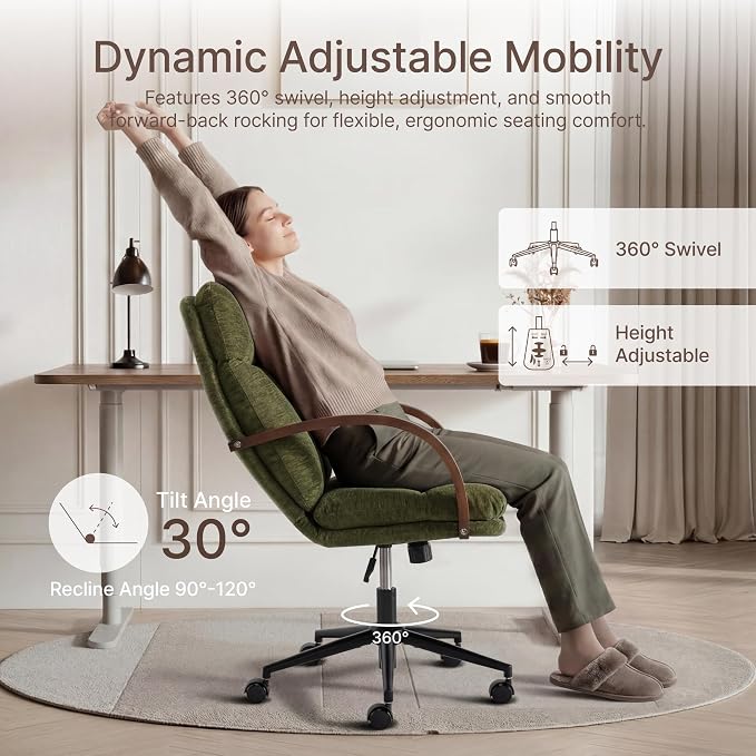 KISLOT Home Office Desk Chair, Ergonomic Office Chair with Lumbar Support, Adjustable Swivel Computer Chair with Wheels, Fabric Executive Task Chair with Wood Arms, Set of 2, Moss Green