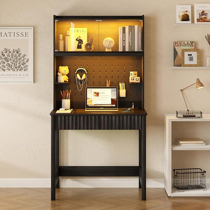 Lvifur 31.5" Small Natural Desk with - Glass Doors,Computer Desk w/Charging Station and LED Reading Lights,Compact Study Desk with Drawers,Writing Home Office Desks for Small Spaces Bedroom