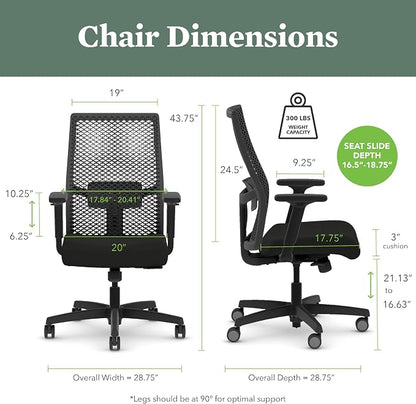 HON Ignition 2.0 ReActiv Ergonomic Office Chair, Mesh Desk Chair with Lumbar Support, Synchro‑Tilt Recline, Height and Width Adjustable Arms, Swivel Wheels, Black Frame, Ocean