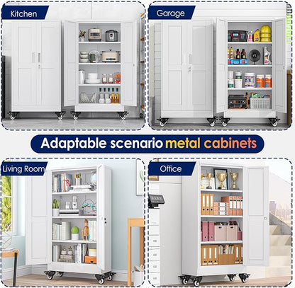 erosoei 45.6"H Metal Garage Storage Cabinet, Rolling Tool Cabinet with 2 Doors and Wheels, Locker Steel Cabinet with 3 Adjustable Shelves, Organization Cabinet for Garage,Office,Home,Gym,School（White）