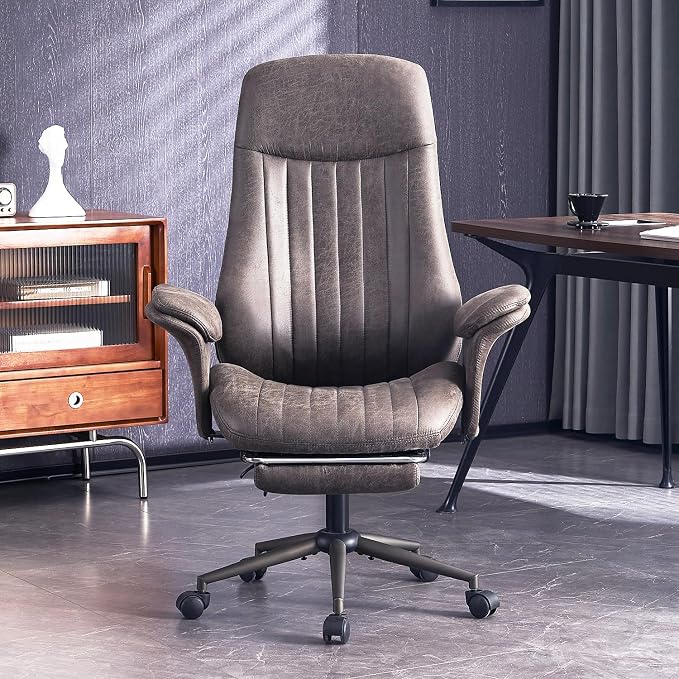 Home Office Ergonomic Chair with Footrest, Modern Luxury Faux Suede Leather Chairs, Comfy High Back Computer Swivel Rolling Task Armchair for Executive, Grey Color