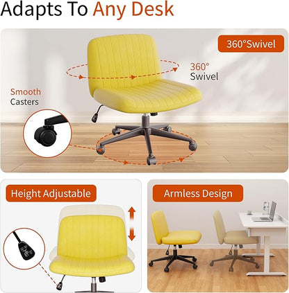 Criss Cross Chair with Wheels, Cross Legged Office Chair, Armless Office Chairs Adjustable Height Swivel Tilting Fabric Vanity Chairs for Home Bedroom (Yellow)