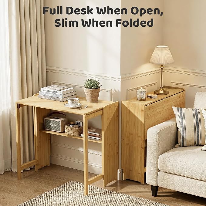 Bamboo Folding Desk for Small Spaces, Mid Century Small Computer Foldable Desk for Bedroom Home Office, Space Saving Sofa Table for Couch, Writing Work Office Desk,Natural