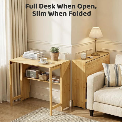 Bamboo Folding Desk for Small Spaces, Mid Century Small Computer Foldable Desk for Bedroom Home Office, Space Saving Sofa Table for Couch, Writing Work Office Desk,Natural