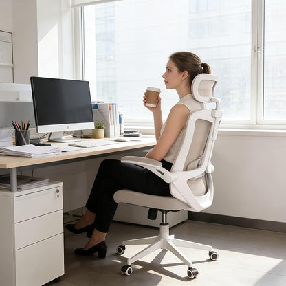 Ergonomic Office Chair - 350LB Comfy Desk Chairs with Adjustable Headrest and Lumbar Back Support, Mesh Computer Chairs with Wheels and Arms for Home Office, Study (Khaki-with Headrest)