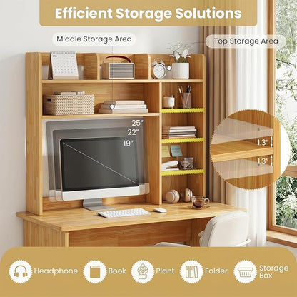 Tangkula Desktop Bookshelf with LED Lights, Desk Hutch with 8 Shelves for Max 25" Monitor, Desktop 5-Tier Display Rack, Wood Desktop Storage Hutch Organizer for Dorm Office Home, Burlywood