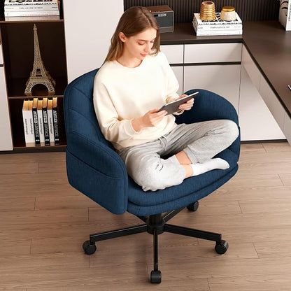 Vonesse Criss Cross Office Chair with Wheels & Armrests, Height Adjustable Vanity Chair, Makeup Chairs with Side Pockets Design, Comfortable Computer Desk Chairs for Home (Linen Fabric,Blue)