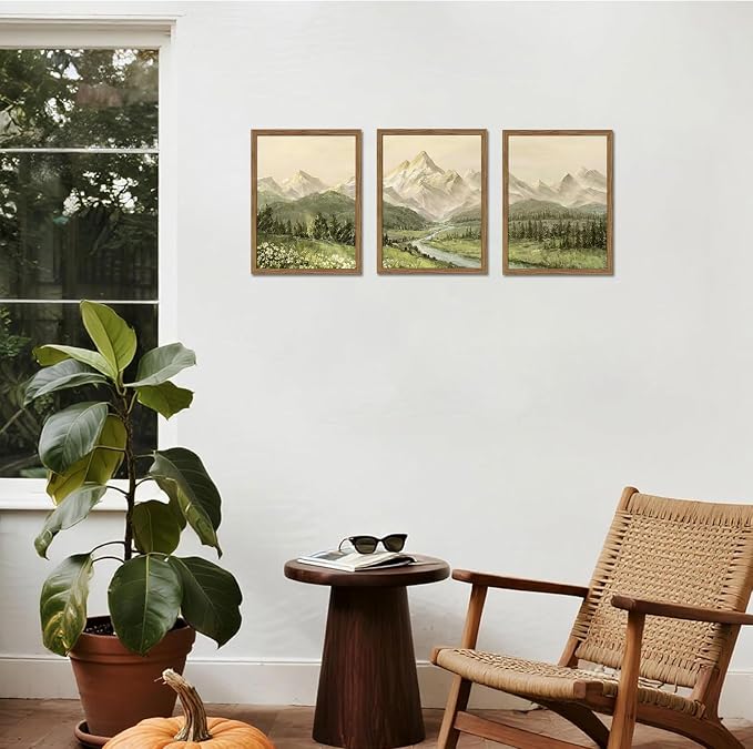 Framed Mountain Wall Art for Living Room, Green Nature Landscape Canvas Wall Decor Set of 3, Vintage Forest Rustic Farmhouse Prints Pictures Paintings for Office Bedroom 12x16 Inch