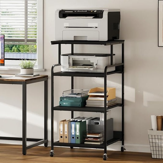 Warmiehomy Extra Tall & Large Printer Stand, 24" x 24"x 46'' Height 4 Tier Metal Printer Table for Home Office, Printer Stand with Adjustable Storage Shelf, Rolling Cart for 3D Laser Printer (Black)