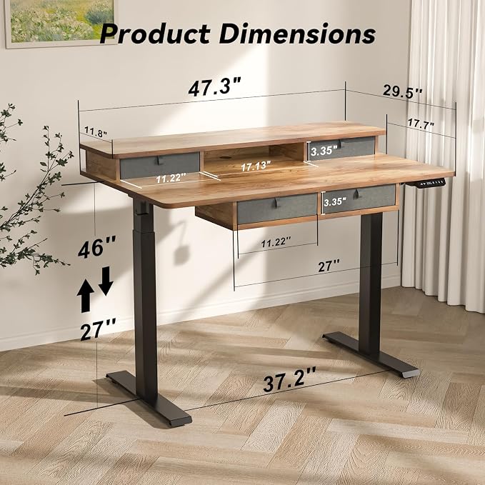 FiCiHi Adjustable Height Standing Desk with 4 Drawers,48 x 30 inches Electric Sit Stand Home Office Desk with Two Tiers, 3 Memory Presets, Monitor Stand Riser, USB A/C Charging Port