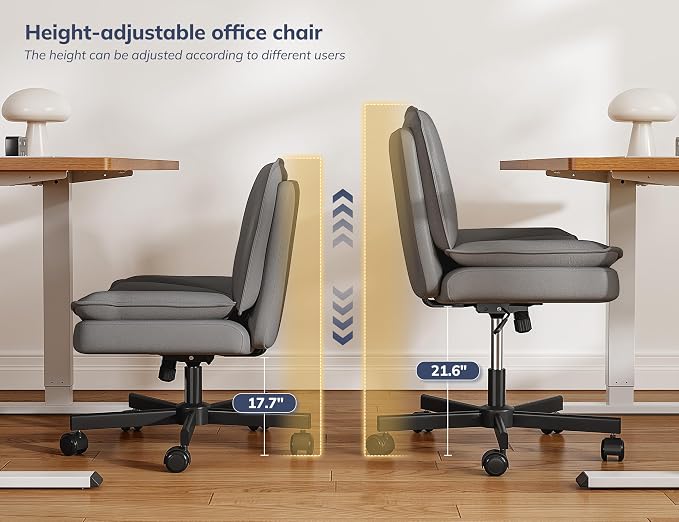DurayLoly Criss Cross Chair with Wheels, Cross Legged Office Chair with 2 Layer Comfty Leather & Back, Armless Wide Vanity Chair for Home Office, Grey