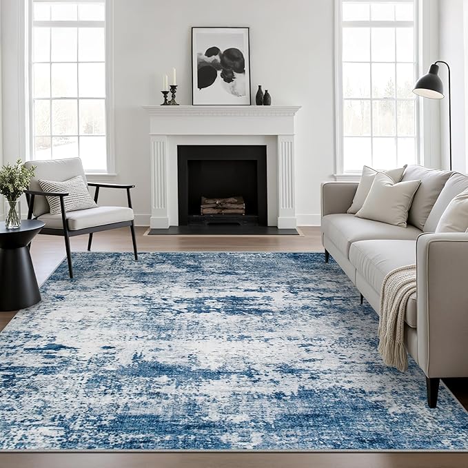 6x6 Area Rug Living Room Rug: Washable Modern Abstract Soft Thin Rug Indoor Floor No Slip Stain Resistant Carpet for Bedroom Dining Room Farmhouse Nursery Home Office - Blue