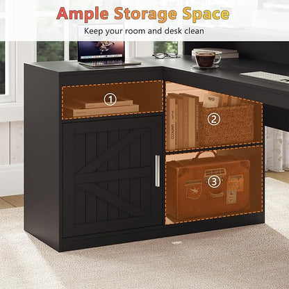 TVU Farmhouse L Shaped Desk with Drawers, 62.2" Home Office Desk with Storage Shelves and Power Outlet, L Shaped Computer Desk with Monitor Stand and Printer Shelf, Black